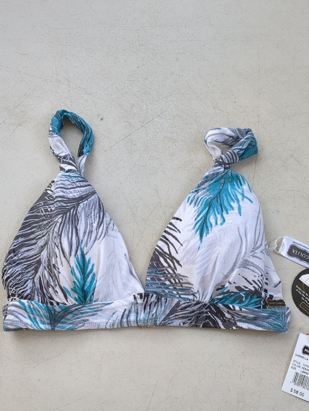 Nicolita White Bikini Top with Teal and Gray Palm Print